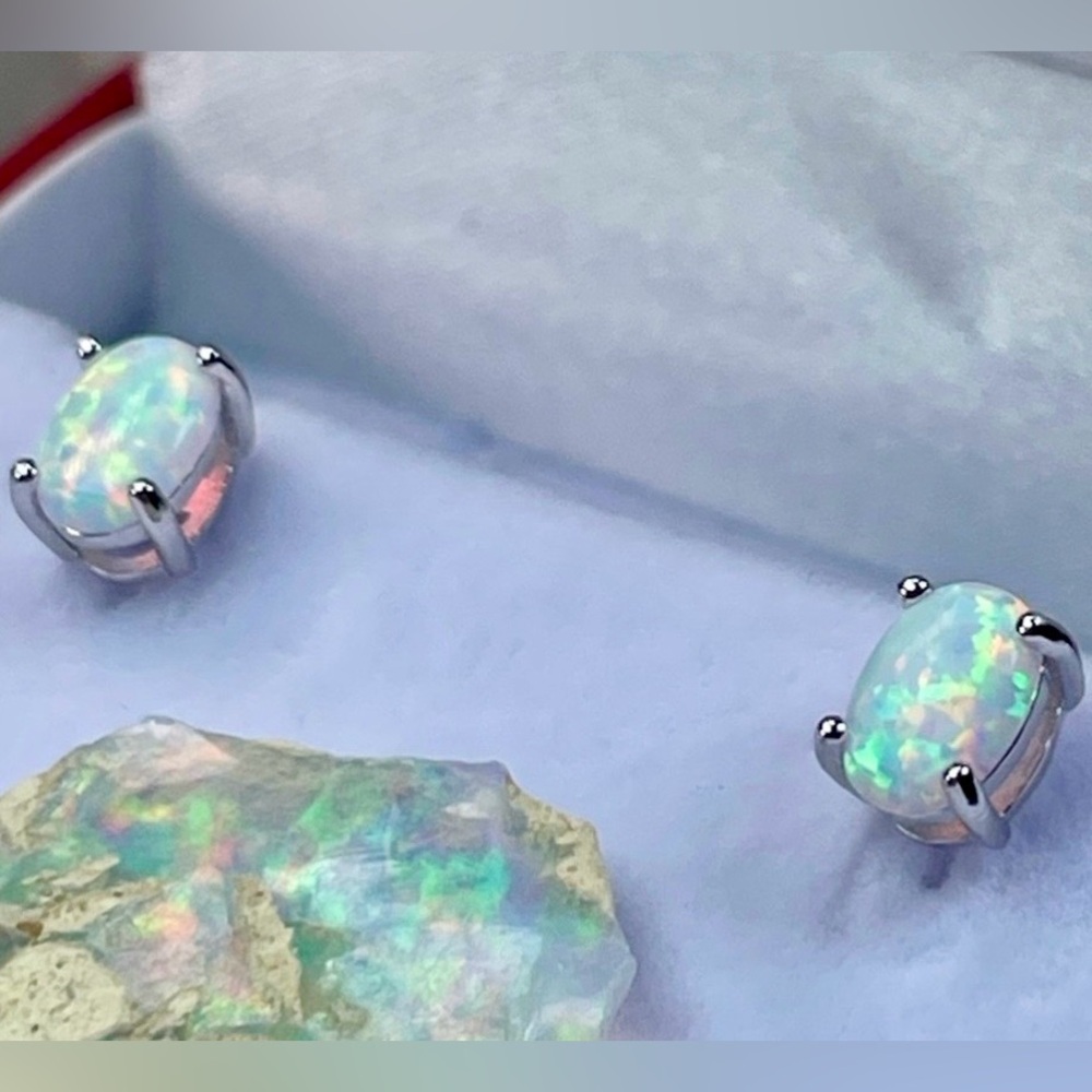 14K 2ct Australian‼️ Opal White Gold Earrings - Picture 2 of 16